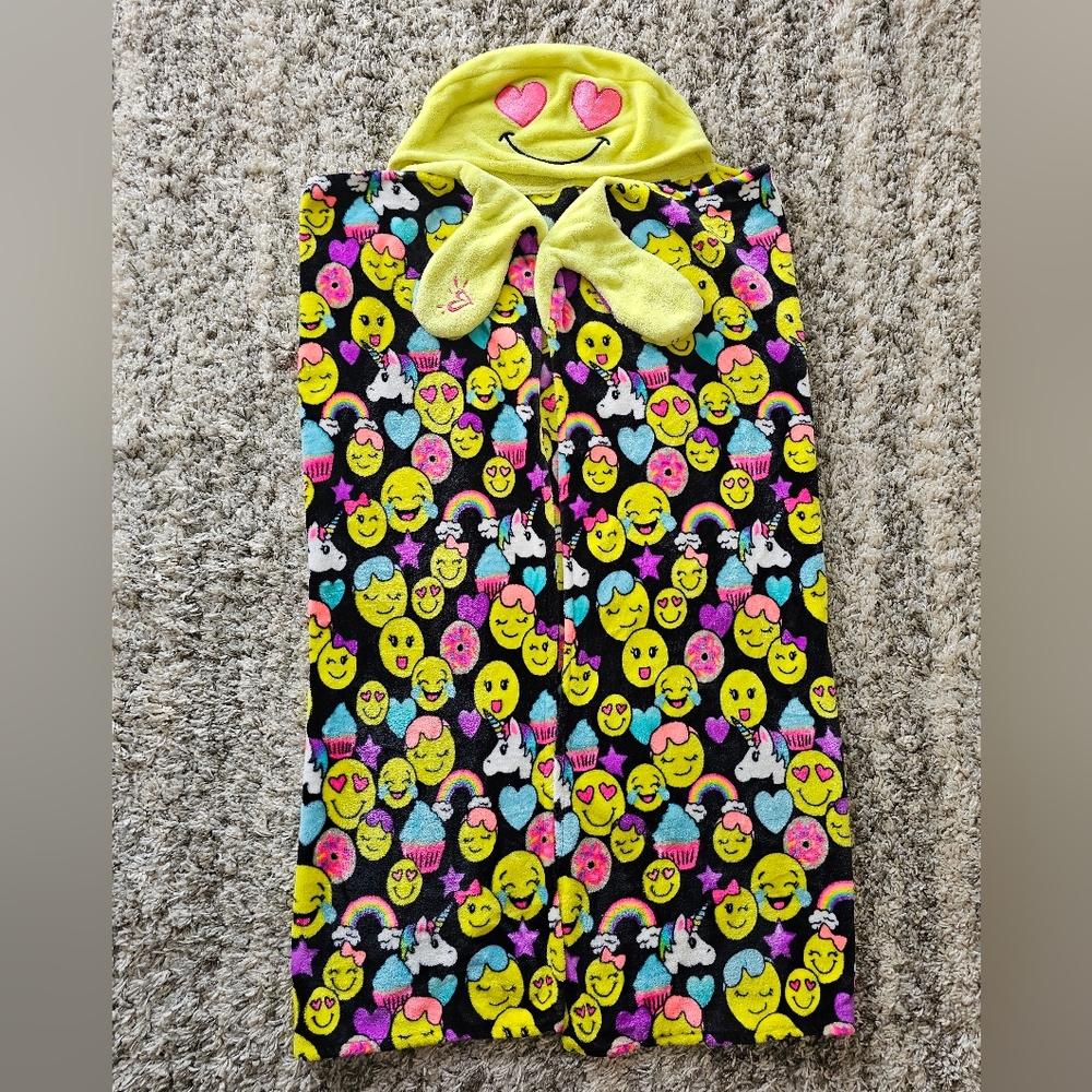 Hooded Girls Warm Cuddly Plush Blanket Neon Yellow/Black Happy Faces W Sleeves